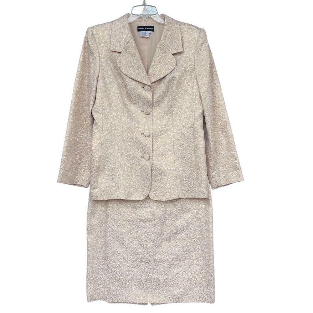 Donna Morgan Suit Golden Metallic Texture Parsley Blazer Pencil Skirt Lined 12